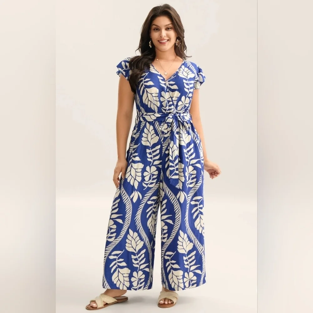 BloomChic Blue and White Leaf Print Maxi Jumpsuit